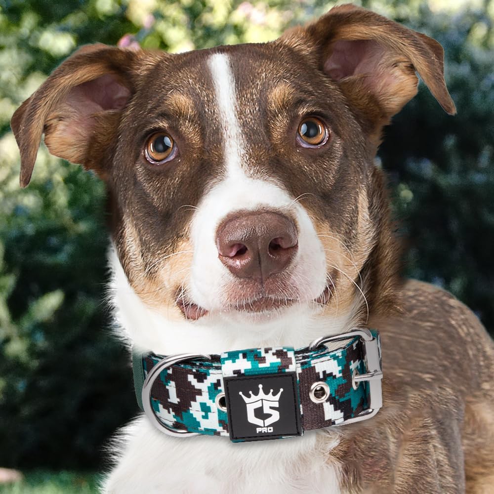 TSPRO Tactical Dog Collar 1.5 Inch Wide Thick Dog Collars with Heavy Duty Metal Buckle, Durable, Strong, Adjustable for Medium to Large Dogs (Camo Cyan L)