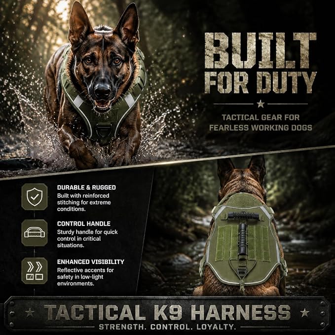 Tactical Dog Vest with Handles,No Pull Tactical Service Dog Harness with Molle System, Adjustable Reflective Pet Vest for Walking Hiking Training Army Green M