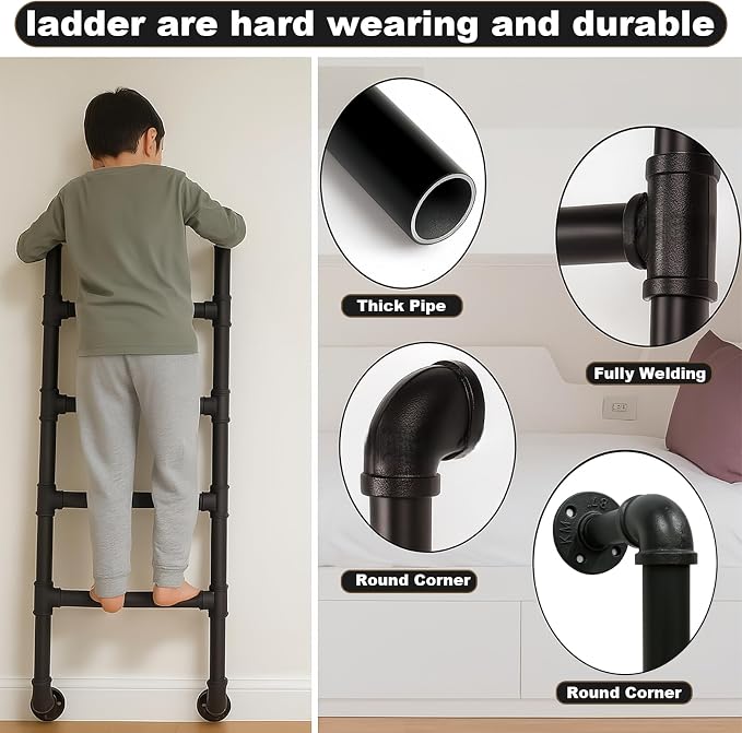 Black 4-Step Wall Mounted Steel Ladder, 4FT Egress Window Well Loft Ladder for Bedroom, Bunk Bed, Camper, Dorm – Wall/Floor-Mounted Indoor Climb Step for Small Space, Blanket Rack, Basement, Gym