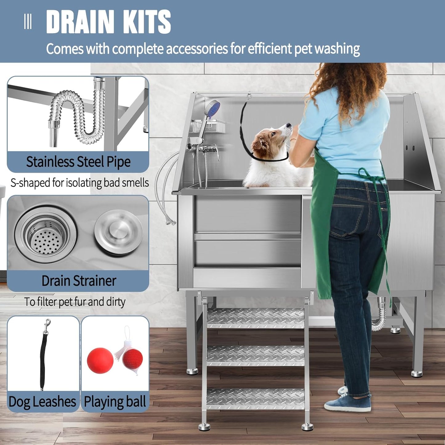 50" Dog Washing Station, Professional Stainless Steel Dog Bathing Station, Equipped/W Three Anti-Slip Steps, Removable Door, Upgraded Spray Nozzle&Hose - for Home, Pet Grooming Salon (50" Left ramp)