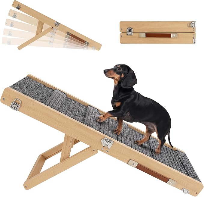 Pawaboo Dog Ramp for Small Dogs & Car – 4 Adjustable Heights (13"-21") with Non-Slip Pad, Foldable Pet Stairs for Couch & Sofa, Dark Wood