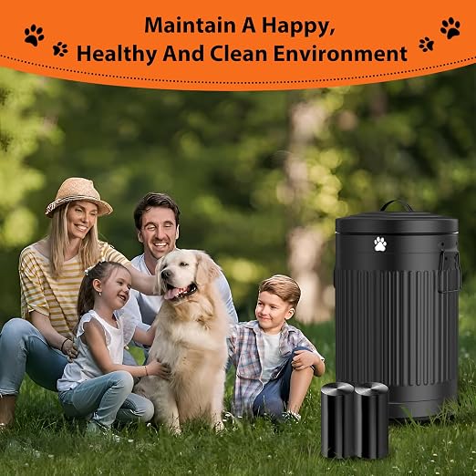 Dog Poop Trash Can Outside - 12L/3.1Gal Metal Outdoor Trash Can with Lid | Outdoor Dog Poop Trash Can with 40 Bags and Removable Inner Bin, Dog Waste Container with Lid Soft Close, Round Black