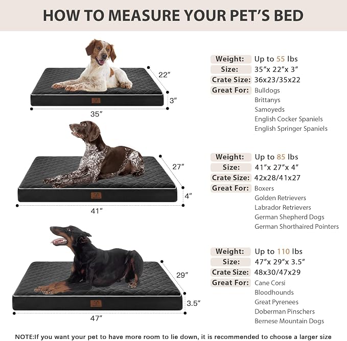 WNPETHOME Orthopedic Waterproof Large Dog Bed for Crate Cozy Sleep | Washable Large Pet Bed with Removable Cover, Multi-Needle Quilting Dogs Crate Beds Black 35x22 Inch