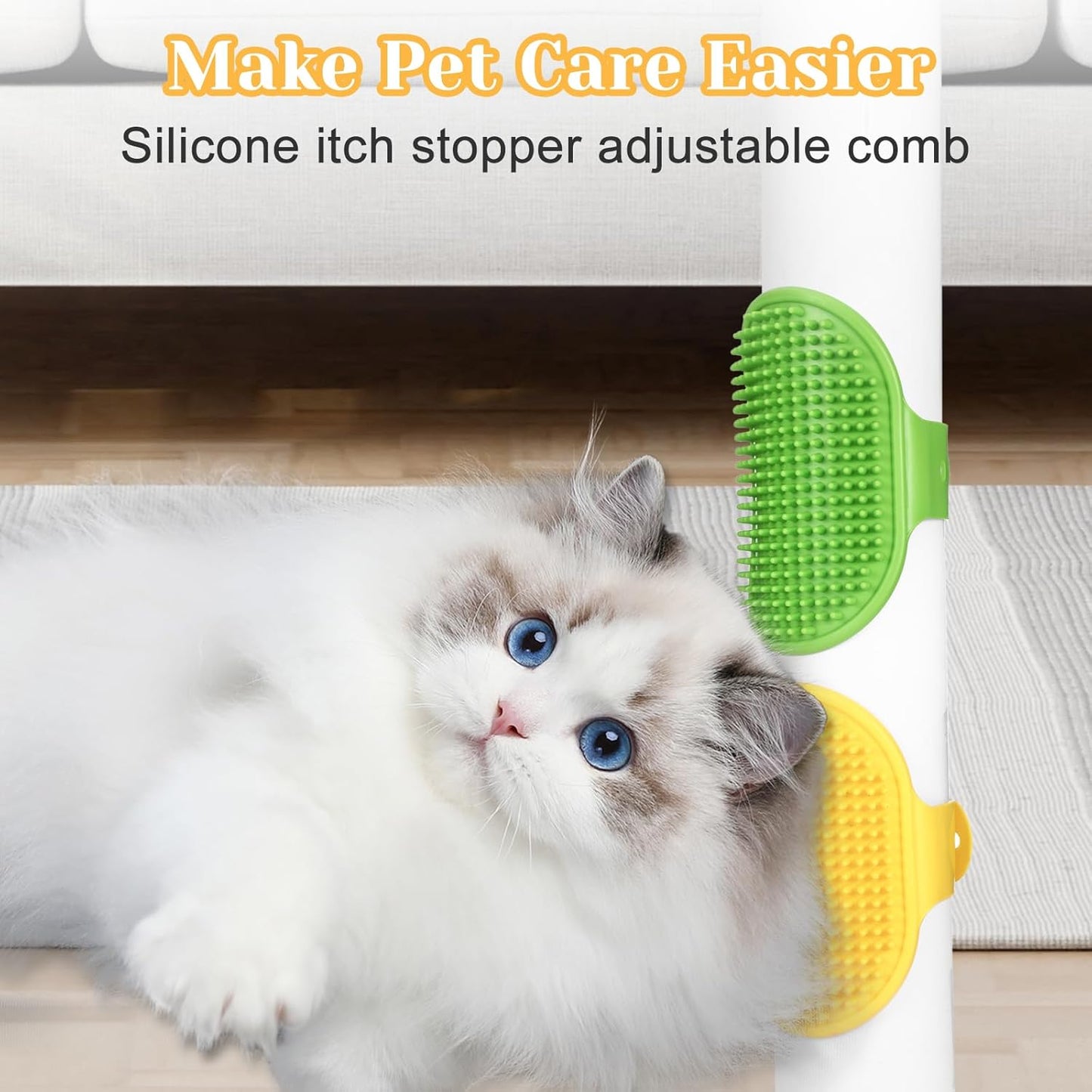 4Pcs Adjustable Cat Self Groomer, Silicone Cat Brushes for Indoor Cats Grooming Self Cleaning, Cats Face Scratchers Massager for Corner Scratcher, Pet Supplies (Green & Yellow)
