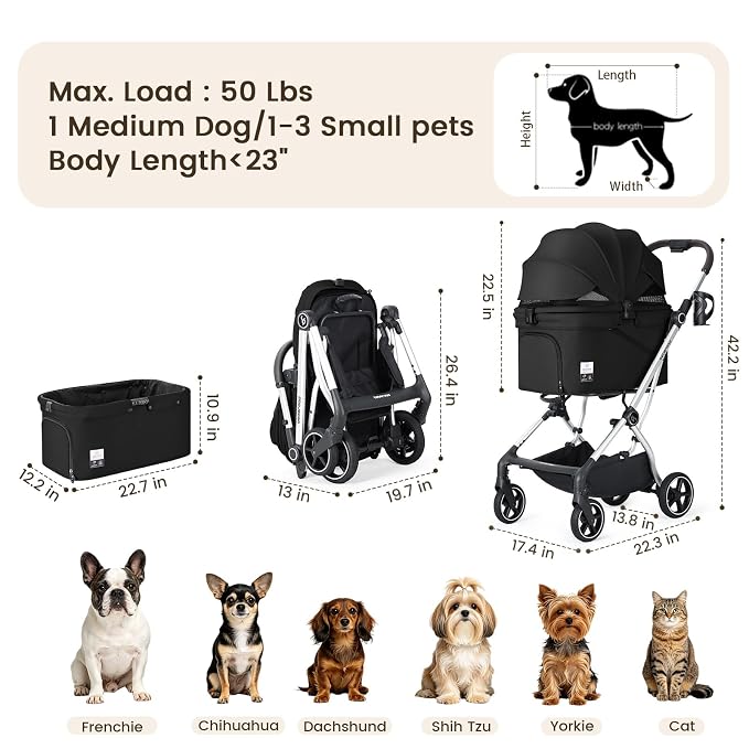 T4 Max Pet Stroller Dog Cat Stroller for Small Medium Dogs Cats, 4 Wheels Travel Folding Carrier Waterproof Puppy Stroller with Pad, Canopy and Cup Holder (T4 Max Black)