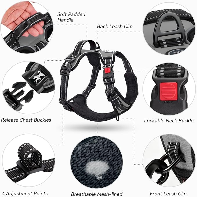 PoyPet No Pull Dog Harness Large with Front Clip & Neck Release Buckle | No Choke, Adjustable Vest, Reflective, Back Clip, Lockable, Soft Padded, Easy Control Handle for Walking Training, XL, Grey