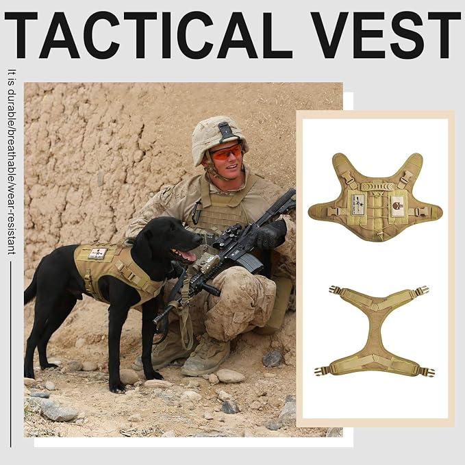 Tactical Dog Vest Harness, Outdoor Training Service Dog Vest Adjustable Military Working Dog Vest with Molle System and Rubber Handle (XL=26.8"-30.7" Chest (Adjustable), Khaki)