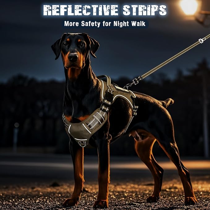 Tactical Dog Harness and Leash Set with 10 Patches for Large Dogs | Heavy Duty Adjustable No Pull Service Dog Vest for Large Dogs with Dog Seat Belt,for Training Walking Hiking Brown XL