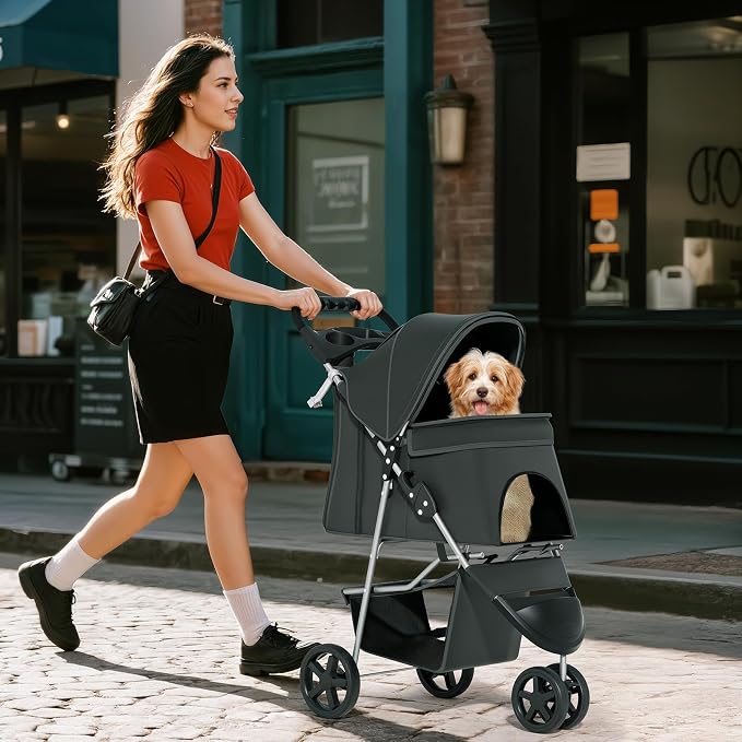 Pet Stroller for Small Dogs 10 lbs, Dog Stroller for Medium Dogs 30 lbs, Cat Strollers for 2 Cats, 3 Wheels Foldable Jogger Puppy Stroller with Storage Basket and Cup Holder, Carbon Black