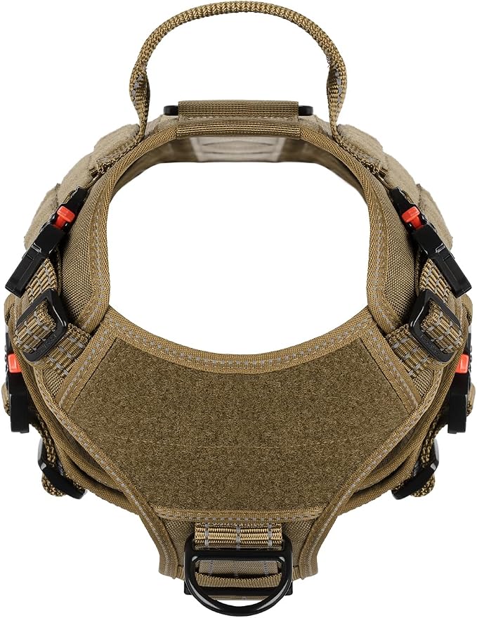 ICEFANG Tactical Dog Harness for Medium Dogs,Full Metal Buckles Dog Vest | with MOLLE, Reflective,Adjustable,2 Leash Clips,Control Handle,No Pull,Soft Padded,Brown,Medium