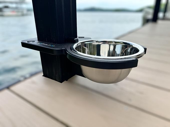 Dock Mounted Dog Bowl & Holder – UV & Rust-Resistant, Marine-Grade, Easy No-Drill Installation, Made in The USA- Fits a 2.5" Square Post