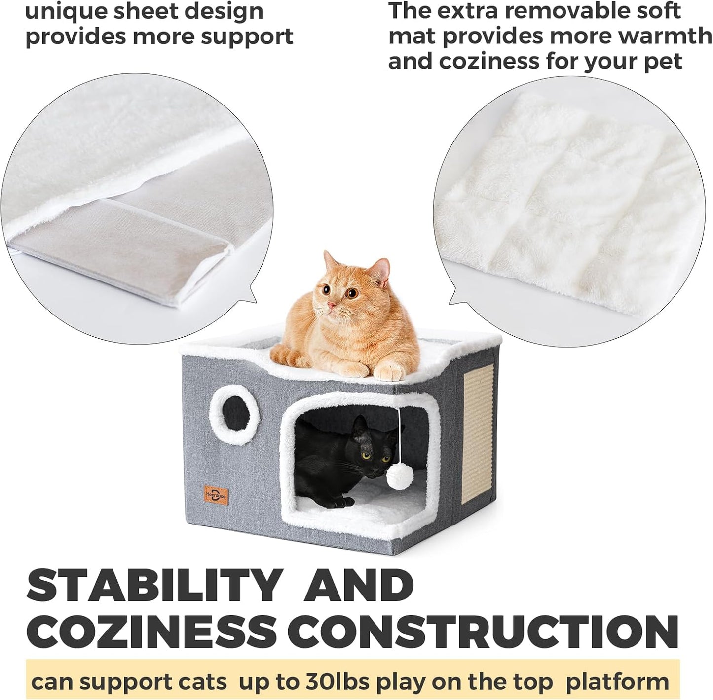 Cat Bed for Indoor Cats,Covered Cat Cave House & Furniture with Scratch Pad,Foldable Cat Hideaway Hut Cute Cat Condo with Soft Washable Mat for Multi Small Pet Under 30 lbs,Dark Grey