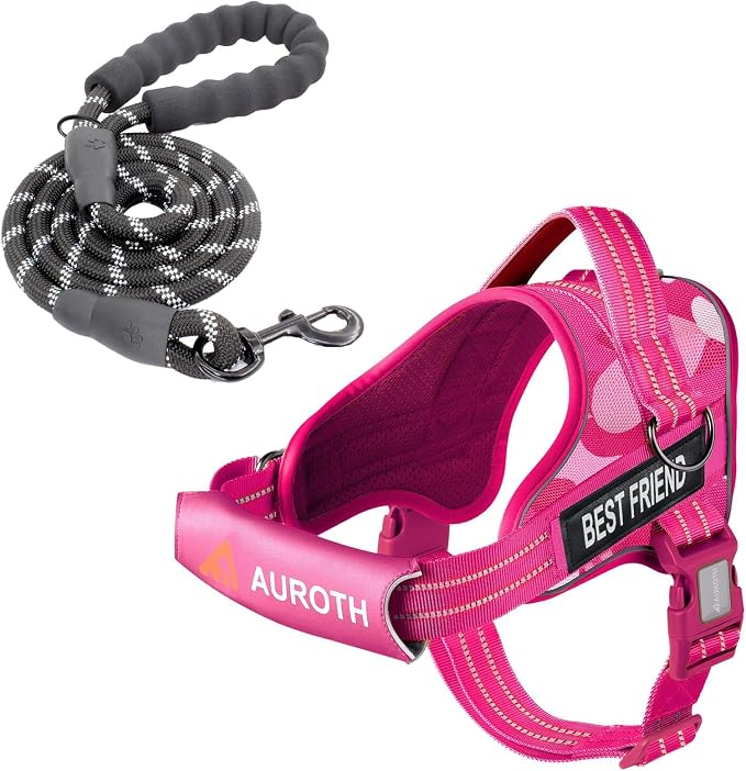 AUROTH Dog Harness and Leash Set for Large Sized Dog, No Pull Dog Vest | with Leash Clips, LED light clip, Soft Padded No Choke, Escape Proof, Easy Walking and Training, Pink Camo, XL