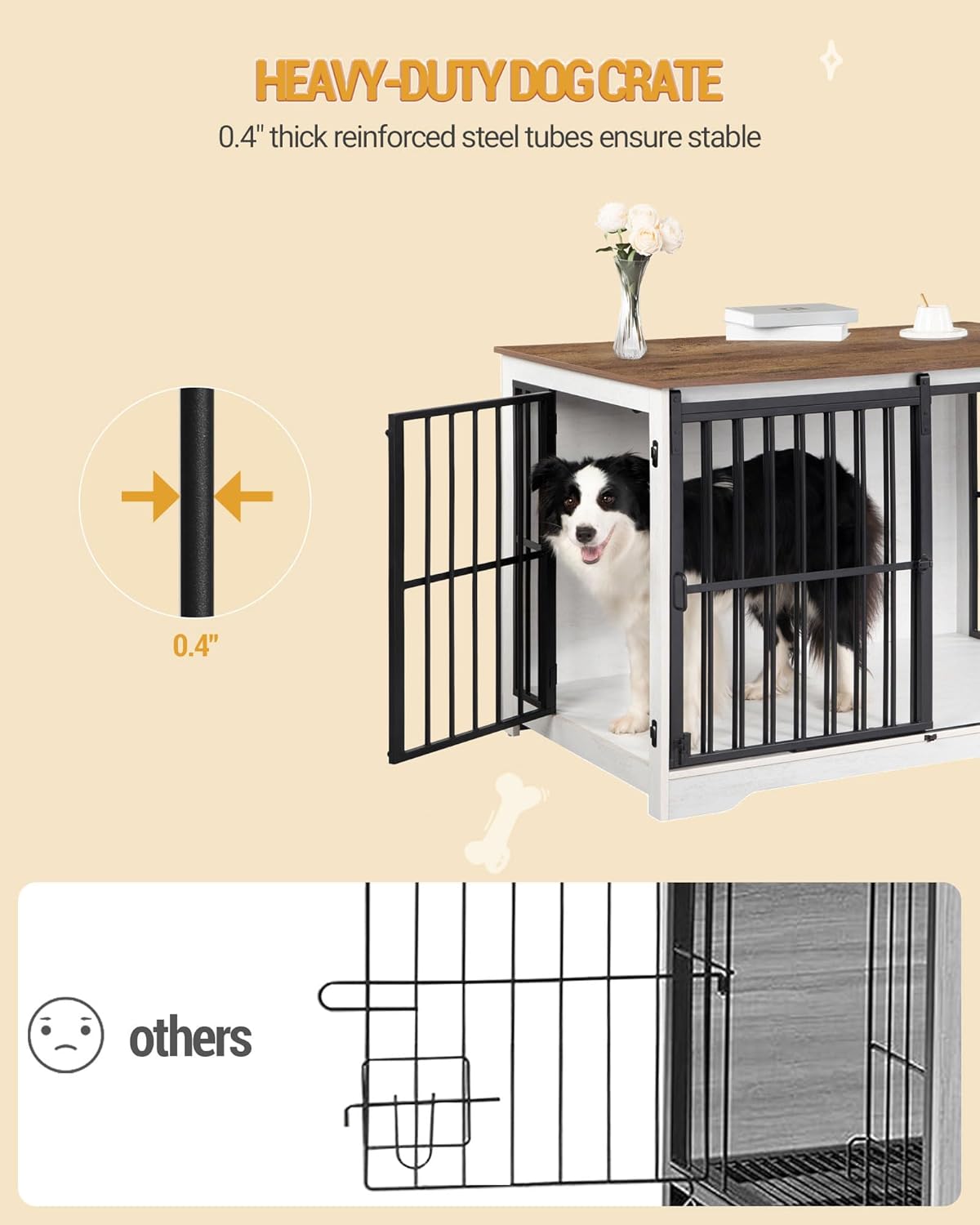 XL Large Dog Crate Furniture, 44.1" Indoor Dog Kennel Furniture with Barn Door, Wooden Tall Dog Crate, Heavy Duty Dog Cage for Large Dogs, Side End Table, Anti-Chew, White Brown DFC80114B