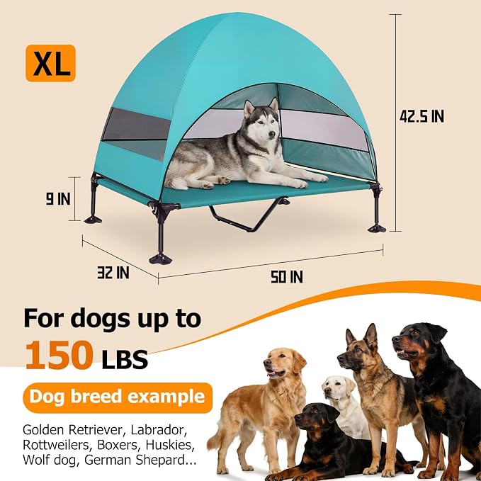 Elevated Dog Bed with UV-Proof Canopy, Outdoor Dog Tent with Powerful Adjustable Feet, Portable Pet Cot with Wider Shade, Raised Cooling Bed for Camping, Patio, Beach, Poolside