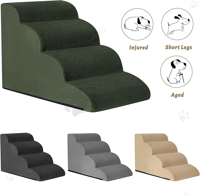 Aodisman Dog Steps for Bed or Couch,4-Step Pet Stairs Ramp for Small Dogs | 17.4" H Indoor Non-Slip Dog Stairs Help Senior Dogs,Short-Legged Breeds,Puppies and Cats to Reach Beds and Chairs,Grey,Green