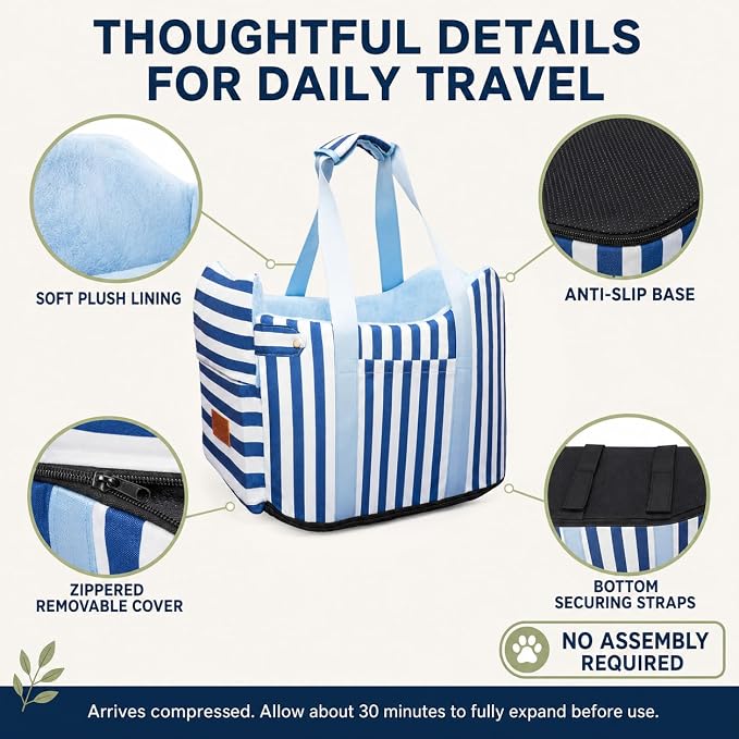 Console Dog Car Seat for Small Dogs to 15lbs (Blue& White Stripes) | Center Console Puppy Booster and Portable Travel Bed, Anti-Collapse Design with Washable Fluffy Cushion
