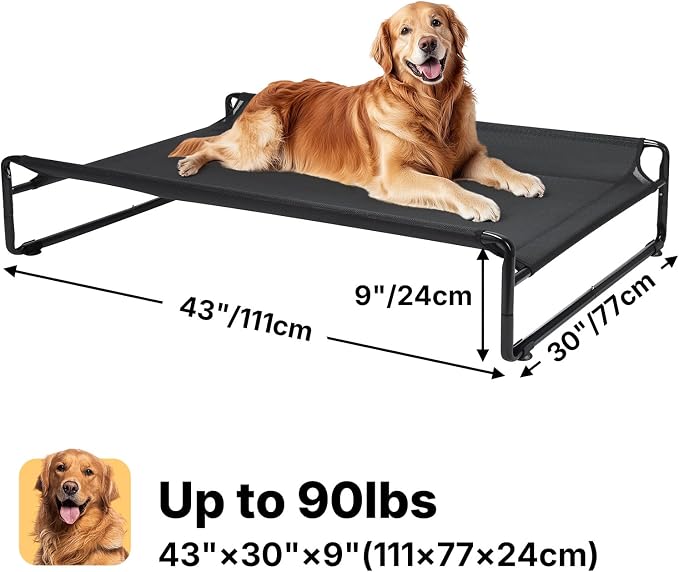 Veehoo Outdoor Elevated Dog Bed, Cooling Raised Dog Beds for Large Dogs | Washable Dog Cot with Headrest Sides, Non-Skid Feet, Breathable Mesh, Cooling Pet Hammock for Indoor or Camping, 42", Black