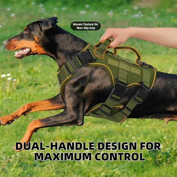 Reflective Tactical Dog Harness with AirTag Holder&3 Pet Patches, Green L | Heavy Duty No Pull Dog Harness, Adjustable Dog Harness, Two Handles, Breathable Mesh Padding, Resists Dirt and Stay Clean