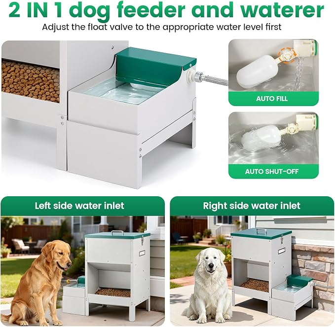 40-50lb Dog Self Feeder Outdoor Automatic Dog Feeder and Water Raised 6L Water Bowl Dispenser Auto Metal Gravity Dog Feeder 3.94" Elevated Animal Feeder Feeding Station for Large Breed