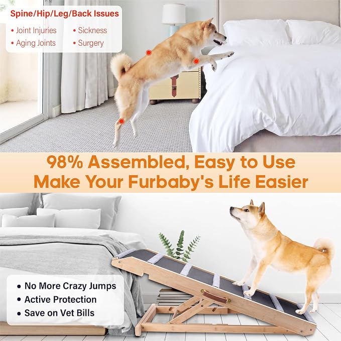 Dog Ramp for Bed - Extra Wide 17’’, Non-Slip Rubber Surface Excellent Traction, Pet Ramp for Small Large Dogs to Get on High Couch Car, Hold up to 200lb, Adjustable, Foldable