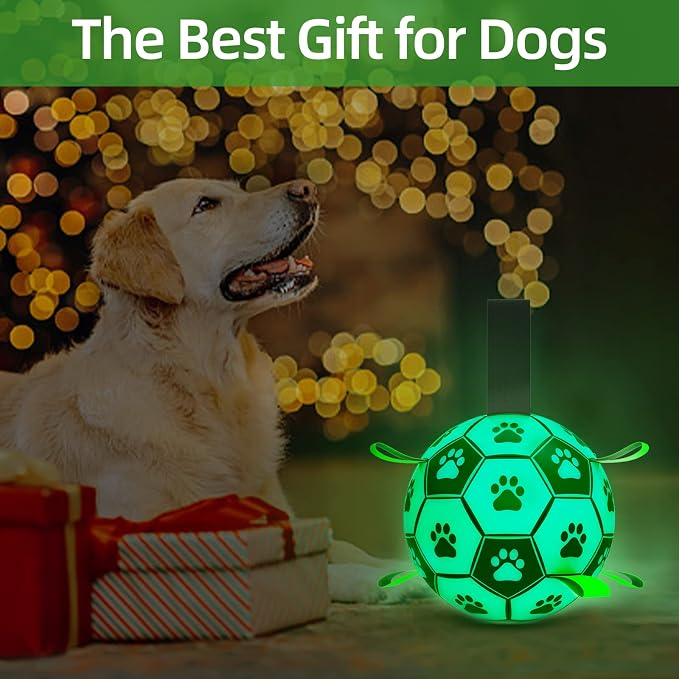 Glow in The Dark Dog Toys, 8'' Dog Soccer Ball with Straps Upgraded Interactive Light Up Dog Toys, World Cup Dogs Football, Outdoor Tug Toys for Medium & Large Dogs Birthday Gifts(8 Inch-Large)
