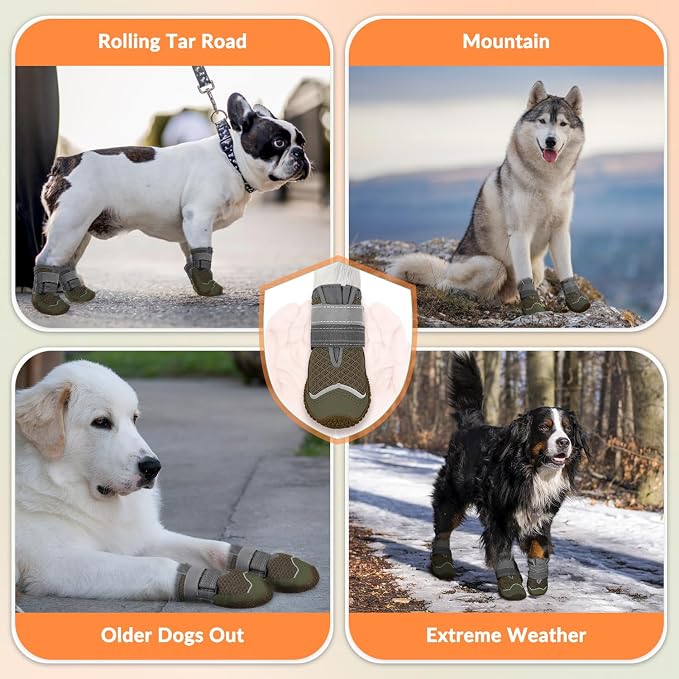 SlowTon Dog Shoes for Large Small Medium Dogs - Breathable Dog Boots for Summer Hot Pavement, Paw Protector for Outdoor Walking Winter Snow, Anti-Slip Rubber Dog Booties for Hardwood Floor (Brown, 3)
