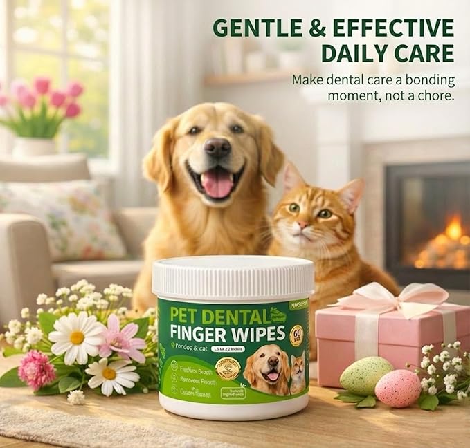 Dog Dental Care Wipes - 60Ct Tooth Brushing kit, Heavy Duty Teeth Cleaning for Dogs & Cats, Remove Tartar & Plaque, Dog Breath Freshener, Dog Toothbrush & Toothpaste Alternatives