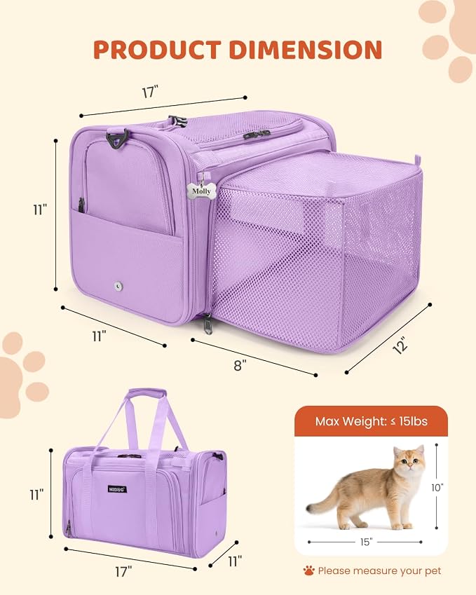 MIDOG Cat Carrier Soft for Small-Medium Cats Up to 15lbs, Airline Approved | Expandable Square Design,Comfort & Breathable Window,Equipped with anti-slip lock zippers and an internal safety leash