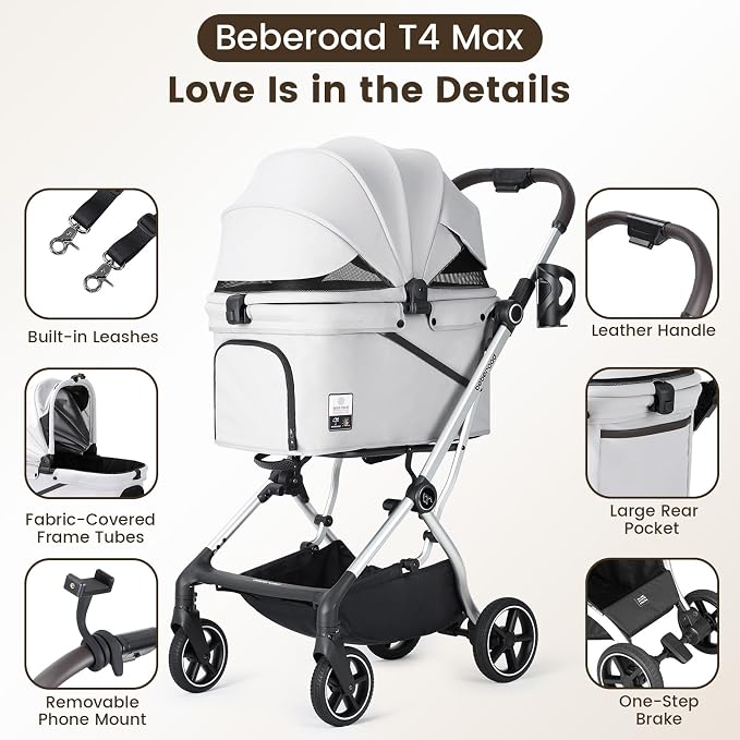 T4 Max Pet Stroller for Small Medium Dogs Cats, 4 Wheels Travel Folding Carrier Waterproof Puppy Stroller with Pad, Canopy and Cup Holder, Gray