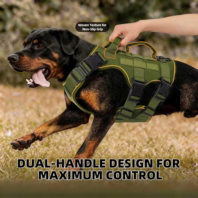 Reflective Tactical Dog Harness with AirTag Holder&3 Pet Patches, Green XL | Heavy Duty No Pull Dog Harness, Adjustable Dog Harness, Two Handles, Breathable Mesh Padding, Resists Dirt and Stay Clean