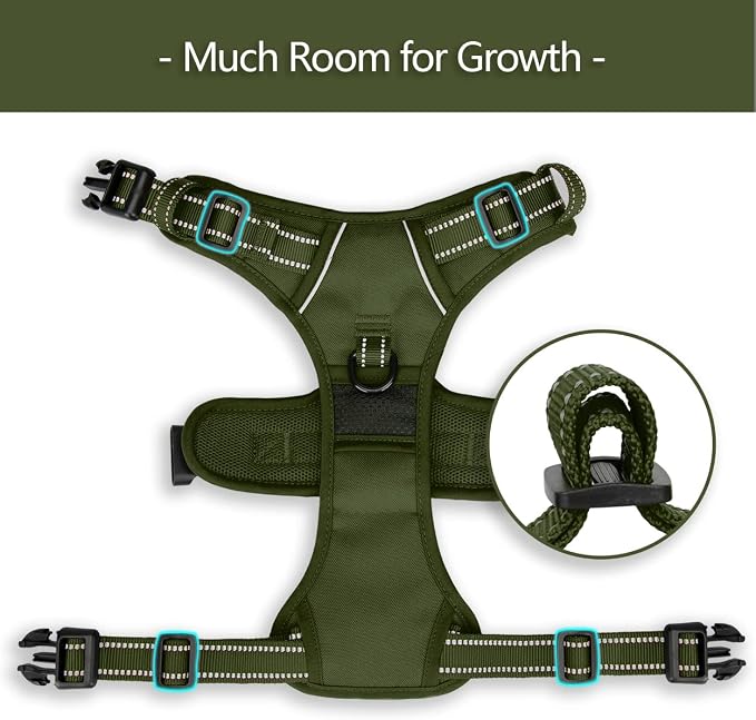 PoyPet No Pull Dog Harness, Reflective Vest with 2 Leash Clips & Handle | Lockable Neck Release Buckle, No Choke, Adjustable, Soft Padded, for Walking Training, Military Green, X-Small