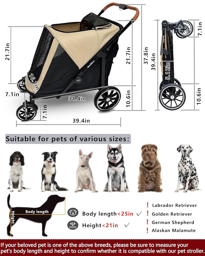 Dog Stroller for Large & Medium Dogs, Pet Stroller for 2 Dogs | 360° Wear-Resistant Wheels • Foldable Design • Breathable Mesh Windows • Heavy-Duty Construction • Fits 2 Dogs