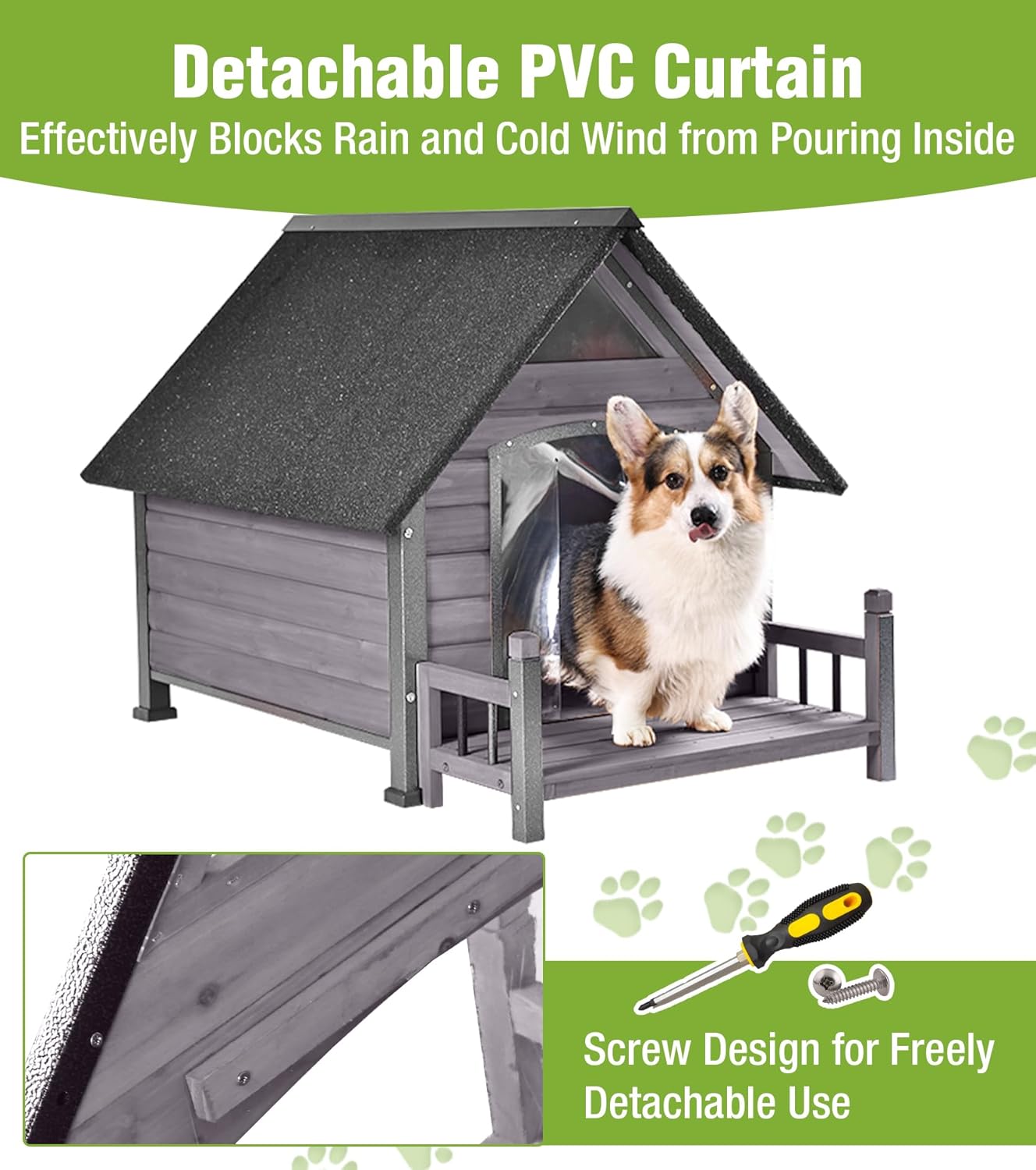GUTINNEEN Insulated Dog House Outdoor, Waterproof Dog Kennel with Anti-Bite Design, Asphalt Roof, Elevated Base, PVC Curtain, for Small to Medium Dogs - Grey