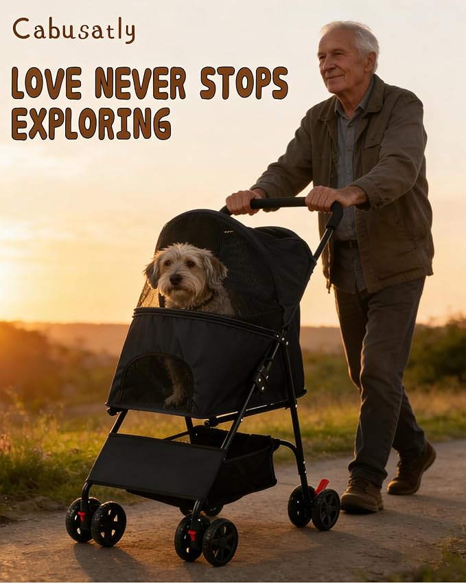 Pet Stroller for Small Medium Dogs Cats - Lightweight Foldable Dog Stroller | 33lbs, 4 Wheels All Terrain Cat Stroller, Breathable Mesh & Safety Tether, Storage Basket for Outdoor Walks-BLACK
