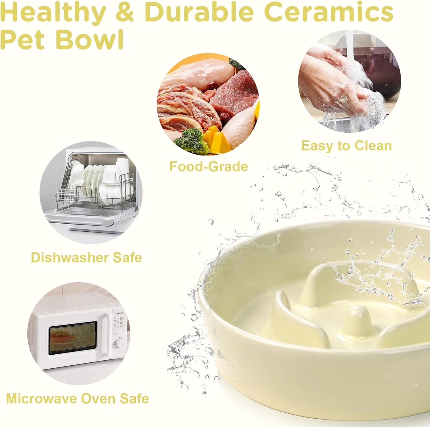 SPUNKYJUNKY Ceramic Elevated Dog Bowls with Slow Feeder Raised with Acacia Bamboo Wooden Stand, 6.1'' Dog and Cat Food Water Bowls Set Non-Slip for Small Medium Sized Breed - Beige