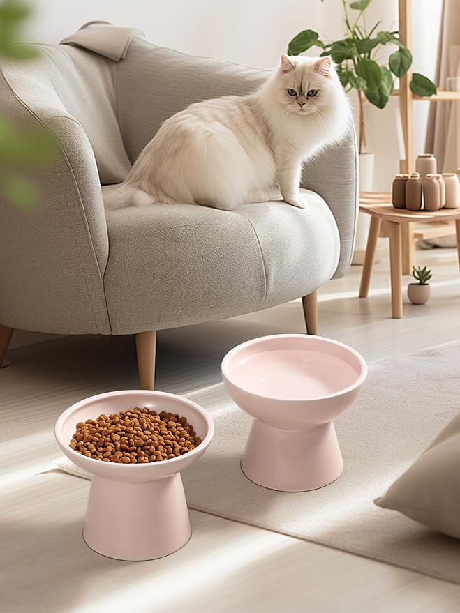 LoeJan Elevated Cat Food and Water Bowls Set, Pink - Raised Ceramic Anti-Vomit Whisker-Free Feeder for Kittens to Adult Cats