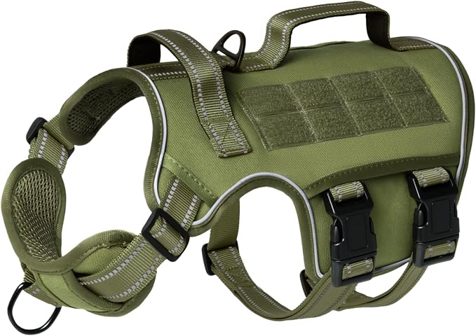 Dog Harness Medium Sized Dog, No Pull Dog Vest with Molle System | Tactical, Easy Control With Handle, Breathable Soft Padded, Adjustable, Reflective, No Choke for Walking, Green Medium