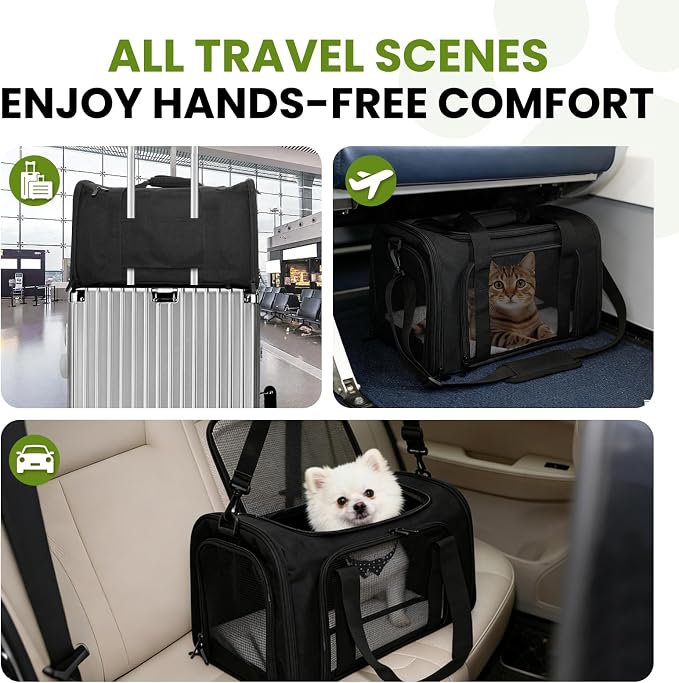 Soft-Sided Cat Carrier Expandable Pet Carrier Airline Approved Mesh Travel Carrier Up to 22lbs for Cats Small Dogs Collapsible Escape-Proof with Shoulder Strap Washable (20x13x13 Black)