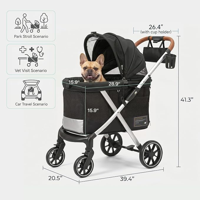 JWX Premium Pet Stroller for Small to Medium Dogs, Cats & Small Pets, One-Hand Fold Travel System, 77 lbs Capacity, All-Season Comfort Liner, Aluminum Frame, Front & Rear Entry