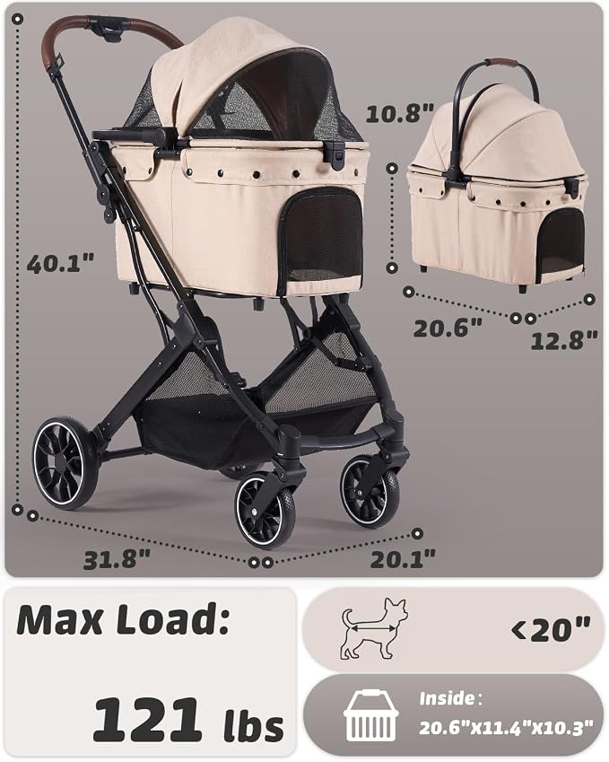 797Audio Dog Cat Stroller for Small Medium Pets,3-in-1 Foldable Pet Stroller with Detachable Carrier,Car Seat,One Click Folding,All-Terrain 4 Wheels,Adjustable Canopy with Sun Shades,Max 121lbs(Beige)