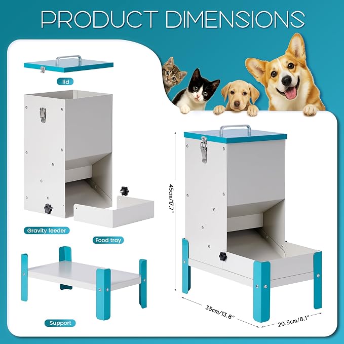 Automatic Dog Feeder 10L Gravity Cat Feeder with Stand | Dog Food Dispenser with a Detachable Feeding Tray, Galvanized Pet Feeding Station for Dogs & Cats, Relieves Neck Pressure