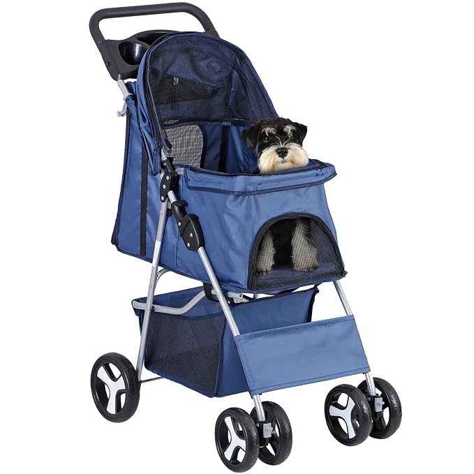 4 Wheels Dog Stroller Folding Pet Strolling Cart for Small Medium Cats Puppies Portable Jogger Travel Camping Puppy Carrier with Storage Basket Cup Holder, Navy Blue
