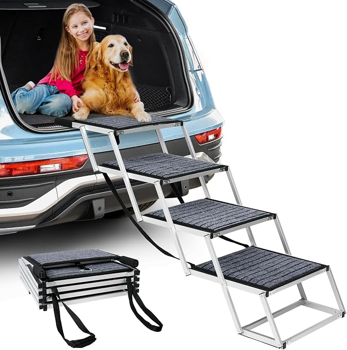 Joyrally 4-Step Dog Stairs for Car, Large Dogs, Non-Slip Surface | 20 in extra-wide aluminum frame, non-slip surface and foldable design for SUV and truck trunks, for senior and injured dogs