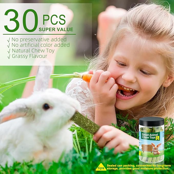 Timothy Hay Sticks for Rabbits & Guinea Pigs - 100% Natural Handmade Chew Treats for Dental Health, 30 Count Small Animal Treats for Chinchillas, Hamsters