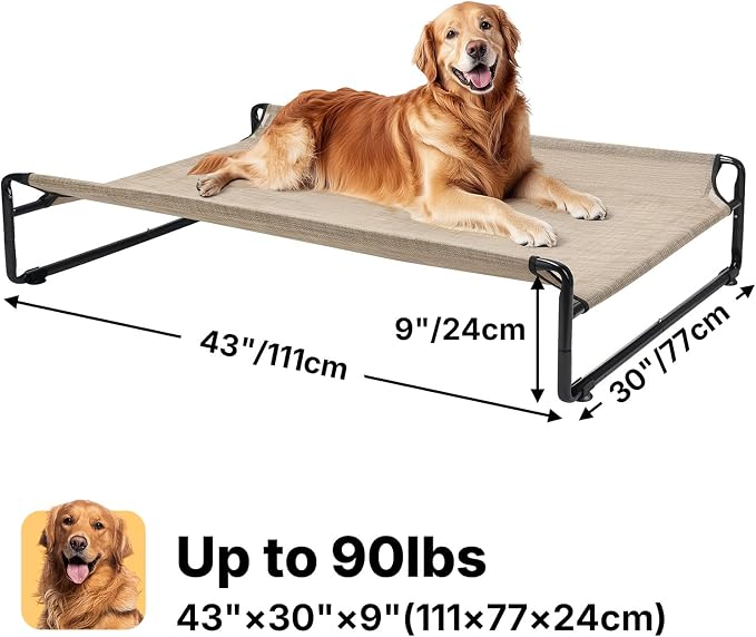 Veehoo Outdoor Elevated Dog Bed, Cooling Raised Dog Beds for Large Dogs | Washable Dog Cot with Headrest Sides, Non-Skid Feet, Breathable Mesh, Cooling Pet Hammock for Indoor or Camping, 42", Beige