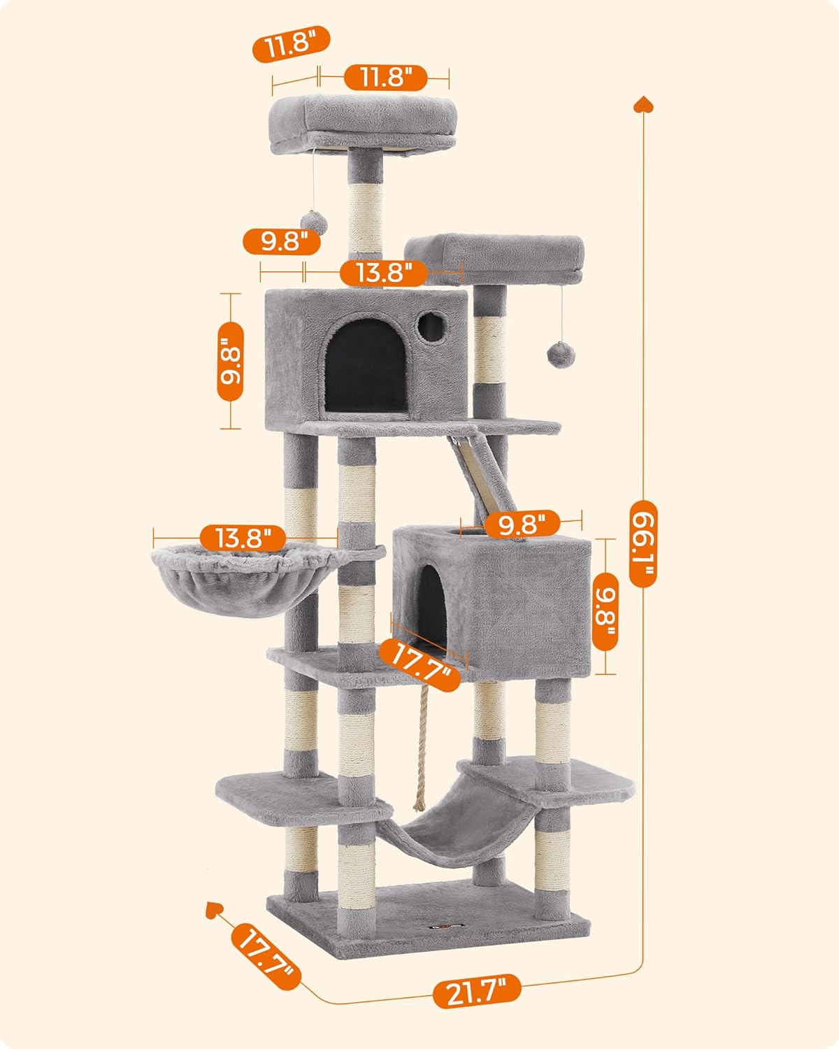 Feandrea Cat Tree, 66.1-Inch Large Cat Tower with 13 Scratching Posts, 2 Perches, 2 Caves, Basket, Hammock, Pompoms, Multi-Level Plush Cat Condo for Indoor Cats, Light Gray UPCT165W01