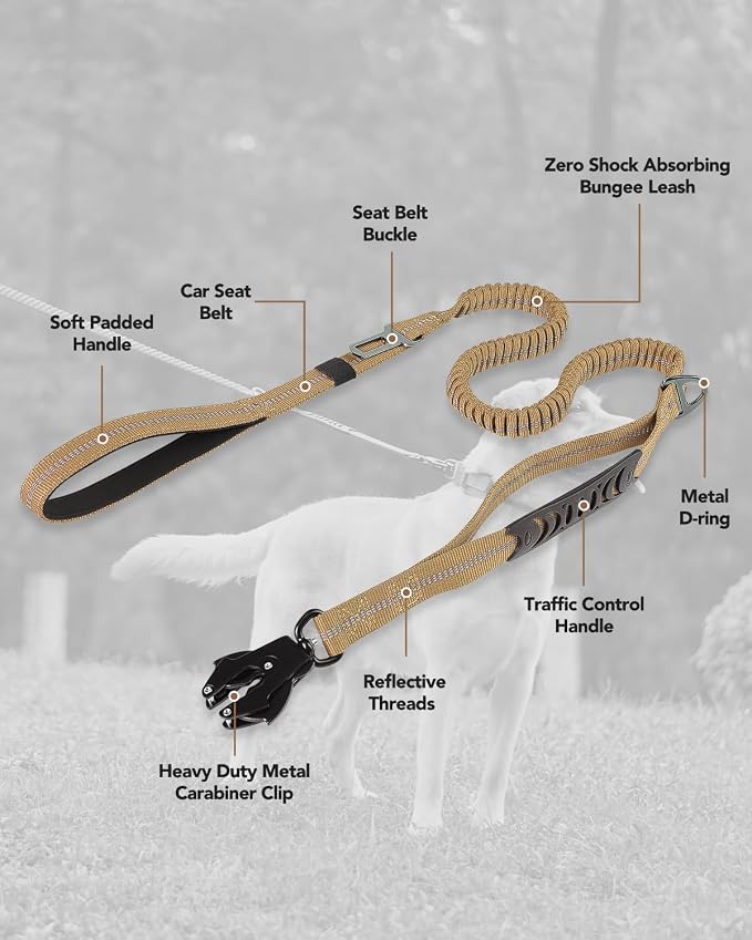 Joytale Tactical Bungee Dog Leash, Shock Absorbing No Pull, Coyote Brown | for Large Dogs That Pull, 2 Padded Handles for Control, Car Seatbelt Clip, Reflective for Night Safety, Metal Frog Clip