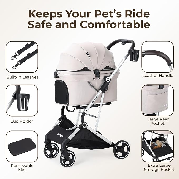 Beberoad Pet Stroller for Small Dogs and Medium Pets 4 Wheel | Aluminum Alloy Frame, All-Terrain Wheels, One Hand Fold Stroller, Lightweight Roomy Cabin