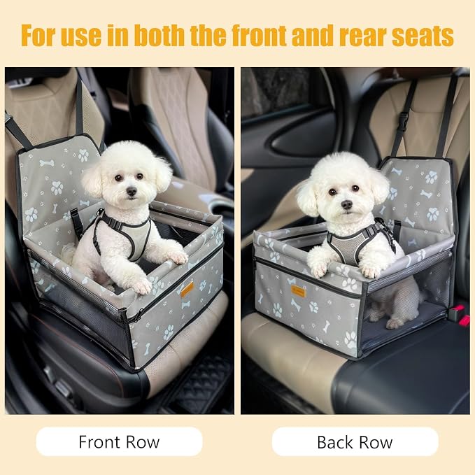 Pet Dog Booster Seat, Upgrading the Framed wall to Prevent Collapse,Breathable and Foldable Pet Car Basket,Removable andWashable pet car seat (Grey Footprints)